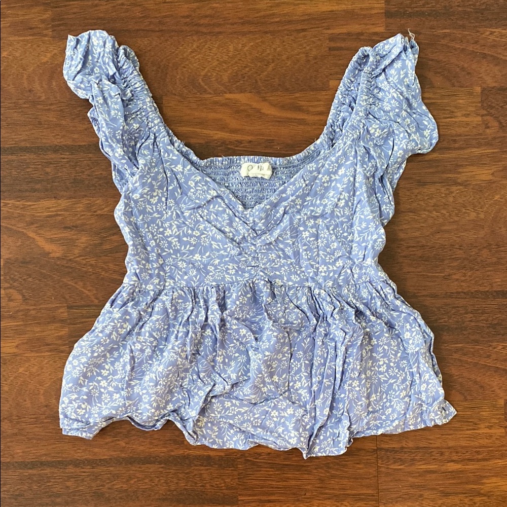 Japna Light Blue Cropped Floral Blouse